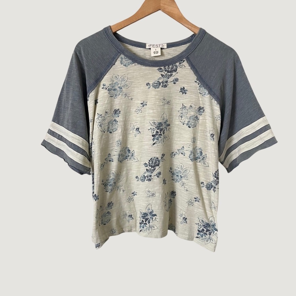 FESTI Women Blue Floral Raglan Baseball Tee Slub Knit Cotton basic Shirt Size 1